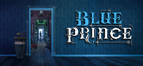 Video game cover of Blue Prince developed by Dogubomb. Image of person walking through a series of doors. A glimpse of each room is visible. The floors are a continuous wood floor. The viewer is in a blue hallway with a cane and umbrella in a pot. The next room has pink wallpaper and several photograph portraits. There is a red wagon on the left side of the doorframe and a white wooden rocking horse on the right. The next room is a green room that appears to have vines on its walls. There is a bust on each side of the doorframe. Only the doorframe is visible in the next room. The door is open and a figure is walking out into the light.